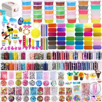 Jecimco Slime Kit Crystal Clay DIY Clay Set Игрушечные глиняные игрушки Инструменты ручной работы Аквариумные бусины Фруктовые дольки Цветная пена Конфетти Содержит 71 штуку Пушистый