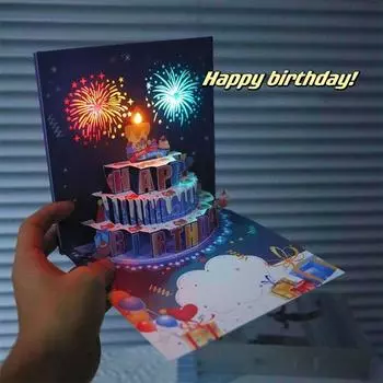 Эффект фейерверка 3D всплывающая поздравительная открытка выдувная светодиодная свеча праздничный торт открытки отец Style E 18*18cm
