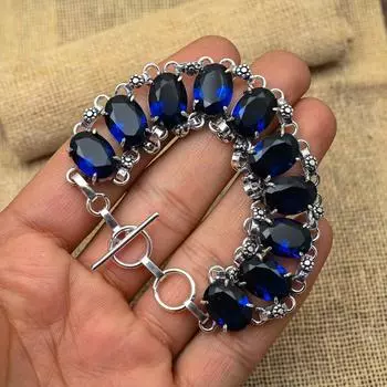 Эффектный синий сапфир, созданный в лаборатории драгоценный камень, ювелирный браслет ручной работы из стерлингового серебра 925 пробы 8-9 Inches синий