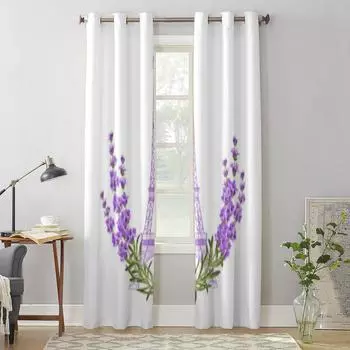 Эйфелева башня с цветами лаванды, роскошные оконные занавески для гостиной, спальни, домашний декор, кухонные занавески для окон 135W x 60H(cm) x1