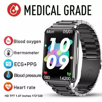 ЭКГ ВСР Здоровье Смарт-часы для мужчин и женщин Температура тела Частота сердечных сокращений Смарт-часы Браслет IP67 Водонепроницаемые часы Мониторинг сна silicone чёрный