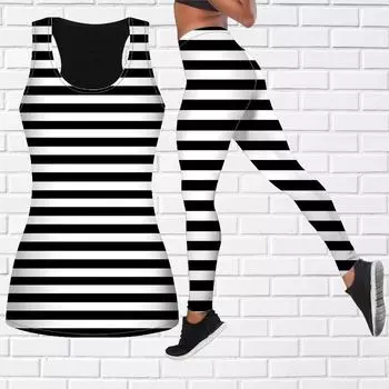 Экипировка для йоги с черным полосатым принтом для женщин, модные леггинсы для тренировок, спортивные повседневные штаны для фитнеса и йоги 7XL чёрный