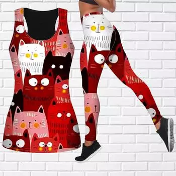 Экипировка для йоги с мультяшным котенком и принтом для женщин, модные леггинсы для тренировок, спортивные повседневные штаны для фитнеса и йоги XS синий