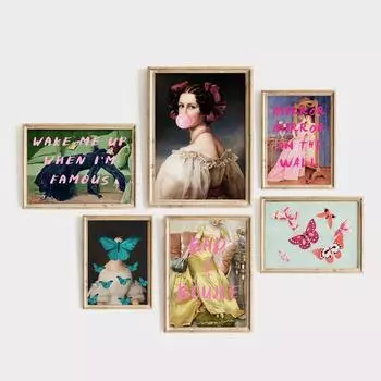 Эклектичный настенный набор для галереи из 6 предметов, измененное искусство, максимализм, винтажный модный настенный художественный холст, живопись, постеры, домашний декор для гостиной 21x30cm No Frame