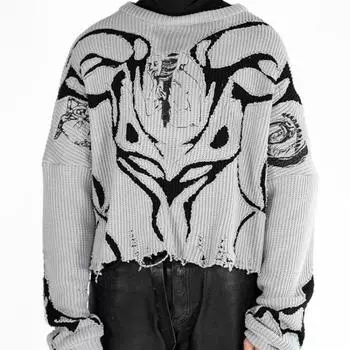 Экологическая деревня Черно-белый пуловер Y2k Одежда со слезами Женский свитер Harajuku M серый