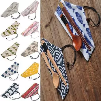 Экологическая хлопково-льняная сумка, 1 шт., сумка на шнурке, сумка для столовых приборов в японском стиле, кухонная дорожная сумка