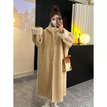 Экологически чистая искусственная шуба женская длинная осенне-зимняя утолщенная с капюшоном из овечьей шерсти замшевая интегрированная шуба из меха новая S