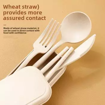 Экологически чистая разлагаемая посуда, пшеничная солома, палочки для еды, ложки и вилки, пищевая посуда, универсальная для взрослых и детей. 5-piece Set