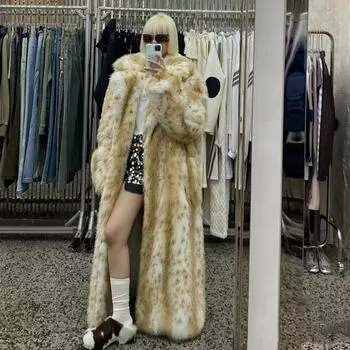 Экологически чистая шуба из рыси, экологически чистая шуба для женщин, новая модная свободная длинная шуба из лисьего меха для женщин зимой S [within 55kg]