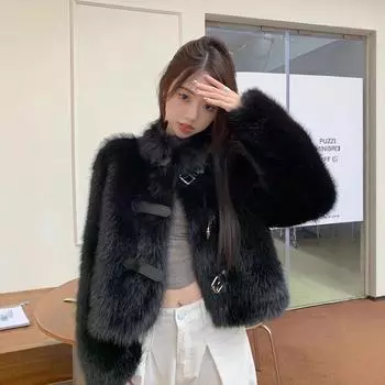 Экологически чистая шуба Зимняя маленькая новая имитация лисьего меха Модная женская одежда Черный воротник-стойка Топ Трендовый S
