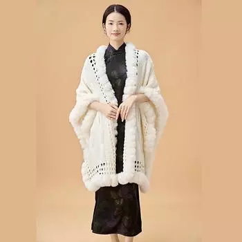 Экологически чистая вязаная шаль из шерсти, теплая женская накидка с увеличенным меховым воротником, универсальный шарф двойного назначения 160 белый
