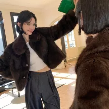 Экологически чистый цельный норковый мех норковая шуба короткая меховая интегрированная ретро новая искусственная шуба женская One size fits all, within 65kg is recommended. темно-коричневого