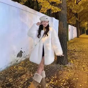 Экологически чистый мех лисы, белая шуба для женщин, средняя и длинная, высококачественная, утолщенная шерсть, пальто для женщин, зимнее, для молодых S (80-55 kg) жемчужина белый