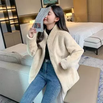 Экологически чистый мех, модная шикарная меховая интегрированная искусственная норковая флисовая куртка средней и длинной длины, ленивый ветер, женское осенне-зимнее пальто XS Recommendation (80-55kg) хаки