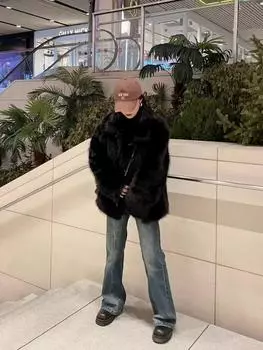 Экологически чистый мех, зимняя новая черная роговая пряжка имитация лисьего волоса утолщенная повседневная теплая пушистая шуба для женщин S чёрный