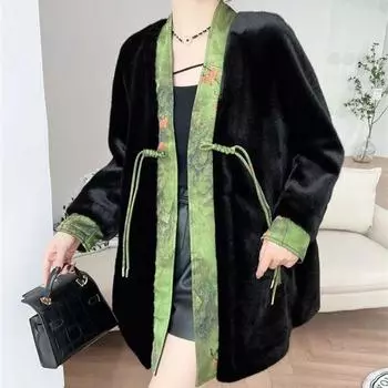 Экологичная меховая мода: Длинное пальто на пуговицах с плюшевым искусственным мехом и отделкой в китайском стиле M чёрный