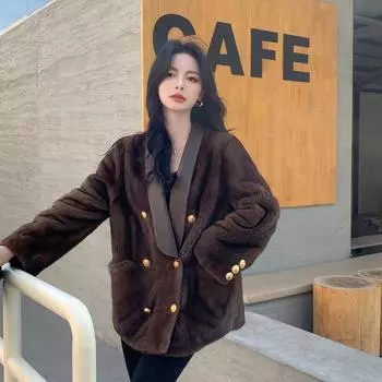 Экологичная норковая шуба женская цельная норковая зимняя новая костюмная воротник средняя и длинная шуба из молодой норки S [within 52.5 kg] темно-коричневого