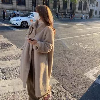 Экологичная шуба женская модная меховая интегрированная шуба норковая овчина овечья шерсть пальто осень и зима длинная ленивый ветер S (recommended 80-55kg)