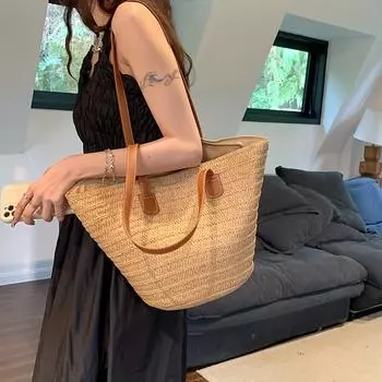 Экологичная соломенная сумка-тоут для женщин в стиле бохо — универсальная, просторная и безопасная, идеально подходит для пляжа и путешествий хаки