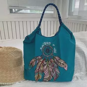 Экологичная сумка через плечо и сумка для покупок из нейлона с вышивкой перьями в стиле Гао Юаньюань Medium