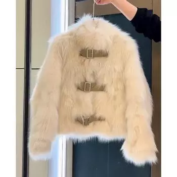 Экологичная зимняя меховая куртка с пряжкой, шикарная и теплая с лисьим мехом, идеально подходит для миниатюрных женщин S абрикосовый