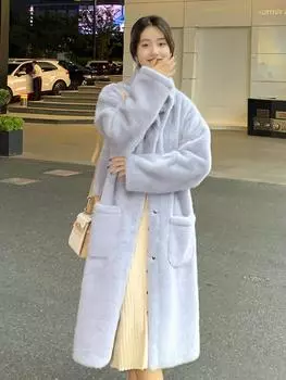 Экологичное меховое интегрированное пальто женское зимнее, норковая флисовая куртка средней и длинной длины выше колена с воротником-стойкой из плюшевого меха S [Suitable for 90-55kg]