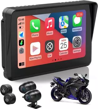 Экран Carabc для мотоцикла Carplay 5 дюймов с GPS-навигацией, водонепроницаемостью IPX7, передней и задней камерами и системой контроля давления в шинах (TPMS) 5 чёрный