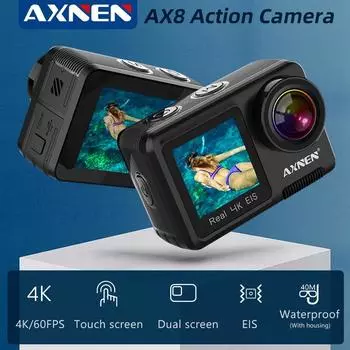 Экшн-камера AXNEN AX8, 4K, 60 кадров в секунду, EIS, запись видео, 20 МП, Ultra HD, двойной дисплей, 2-дюймовый сенсорный экран, веб-камера, водонепроницаемая спортивная камера