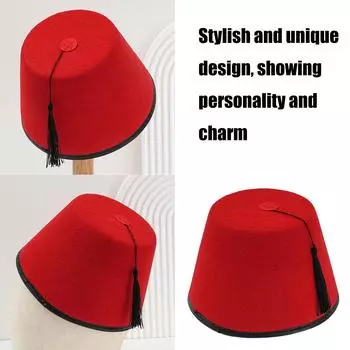 Экзотическая турецкая шляпа Головной убор в марокканском стиле с черными кисточками Феска Шляпа в египетском стиле Уникальный головной убор красный