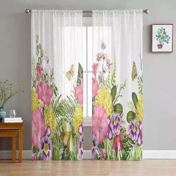 Экзотические цветочные с травами и бабочками, прозрачные оконные шторы для гостиной, спальни, вуаль, тюлевые шторы, тканевые шторы для кухни 135W x 114H(cm)