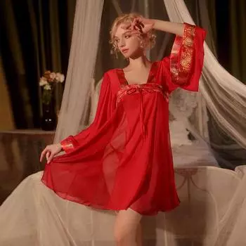 Экзотический костюм в китайском стиле с вышивкой, красное повседневное мини-платье с длинными рукавами, экзотический костюм для медового месяца, нижнее белье, косплей One Size красный