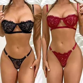 Экзотический прозрачный бюстгальтер с половинной чашкой, глубокий V-образный вырез, нижнее белье, трусики, комплект нижнего белья, модное сексуальное женское нижнее белье, прозрачный комплект из двух предметов S