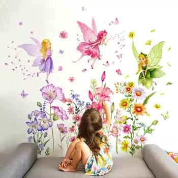 Эльф-бабочка для девочек-единорогов, цветочные наклейки на стену, съемные самоклеящиеся ПВХ, домашний декор для гостиной, спальни 1