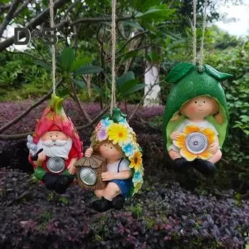 Эльф, подвеска на солнечной батарее, фруктовый эльф из смолы, декоративная фигурка с отверстием для подвешивания, садовая скульптура эльфа с солнечными лампами для наружного и внутреннего декора Pitaya