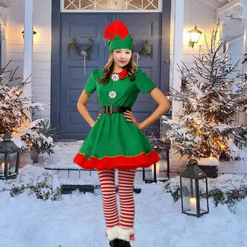 Эльф Рождественский костюм Косплей Женская длинная юбка для карнавала Хэллоуина Рождественская вечеринка
