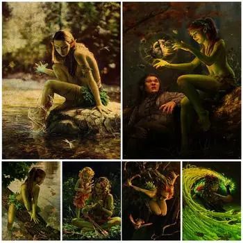 Эльфы и ведьмы в лесу, настенный холст с принтом, зеленый постер с девушкой-эльфом у озера, украшение для дома, художественная живопись 21cm30cm NoFrame