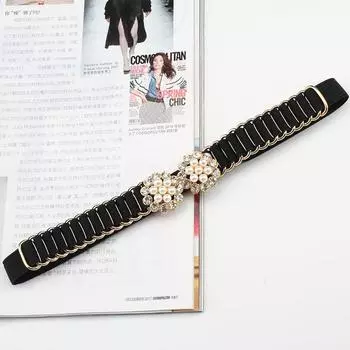 Эластичная цепочка на талию Женский ремень с жемчужной пуговицей Платье Черный Тонкий пояс Поясная бижутерия