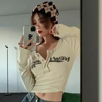 Эластичная футболка с принтом граффити в стиле ретро, женские сексуальные тонкие укороченные топы в рубчик с длинными рукавами и круглым вырезом, футболки в стиле гранж, корейские топы XL белый