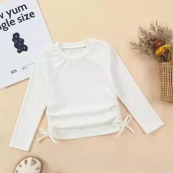 Эластичная облегающая футболка с длинными рукавами и бантом на талии. Белый топ с круглым вырезом для девочек. 3Y белый