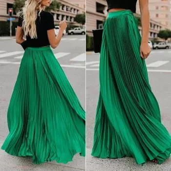 Эластичная плиссированная юбка с высокой талией, женская однотонная длинная юбка трапециевидной формы с большим подолом для работы, юбка для отдыха, уличная одежда 2XL зелёный