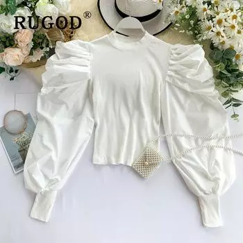 Эластичная рубашка, женская весенняя футболка с круглым вырезом в стиле пэчворк, с пышными рукавами, плиссированные повседневные женские топы Mean code белый