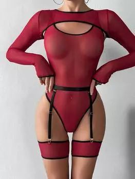 Эластичная сетка перспектива контрастного цвета внешний чехол с длинными рукавами и майкой комбинезон из тонкой пряжи боди женские FPL5 S