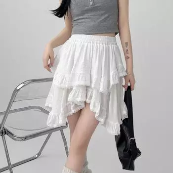 Эластичная талия, белая, черная, нерегулярная мини-юбка Kawaii, школьная короткая юбка в японском стиле Y2k с эстетическими оборками, женская уличная одежда S чёрный