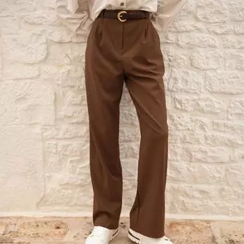 Эластичная талия, широкие брюки, карманы, повседневные однотонные свободные брюки для женщин, винтажные брюки с высокой талией, шикарные прямые брюки, складной дизайн, прямые брюки S коричневый
