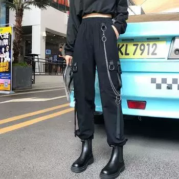Эластичная талия, весна-лето, шаровары, повседневные женские брюки, уличная одежда, облегающие брюки-карго с лентами, до щиколотки, брюки-карго для девочек с цепочкой S чёрный