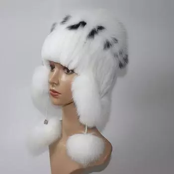 Эластичная вязаная шапка-бомбер из меха кролика рекс, шапки ручной работы из натурального меха с ушами из лисьего меха, зимние шапки из натурального меха для женщин, зимние шапки Elasticity 52cm-60cm белый