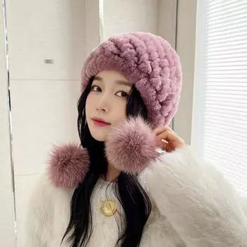 Эластичная вязаная шапка из натурального меха кролика рекс с помпонами из лисьего меха, женские шапки, шапка-ушанка, женская шапка One Size розовый