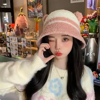 Эластичная вязаная шапка осень-зима шапка-ведро с милым декором в виде ушей вязаная шапка-ведро для уютного теплого наряда аксессуары One Size