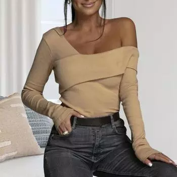 Эластичная женская блузка с v-образным вырезом и длинным рукавом, офисная женская элегантная блузка на одно плечо, уличная одежда M чёрный