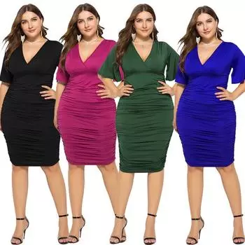 Эластичное сексуальное летнее платье с V-образным вырезом - женская мода больших размеров, европейский и американский стиль 2XL королевский синий